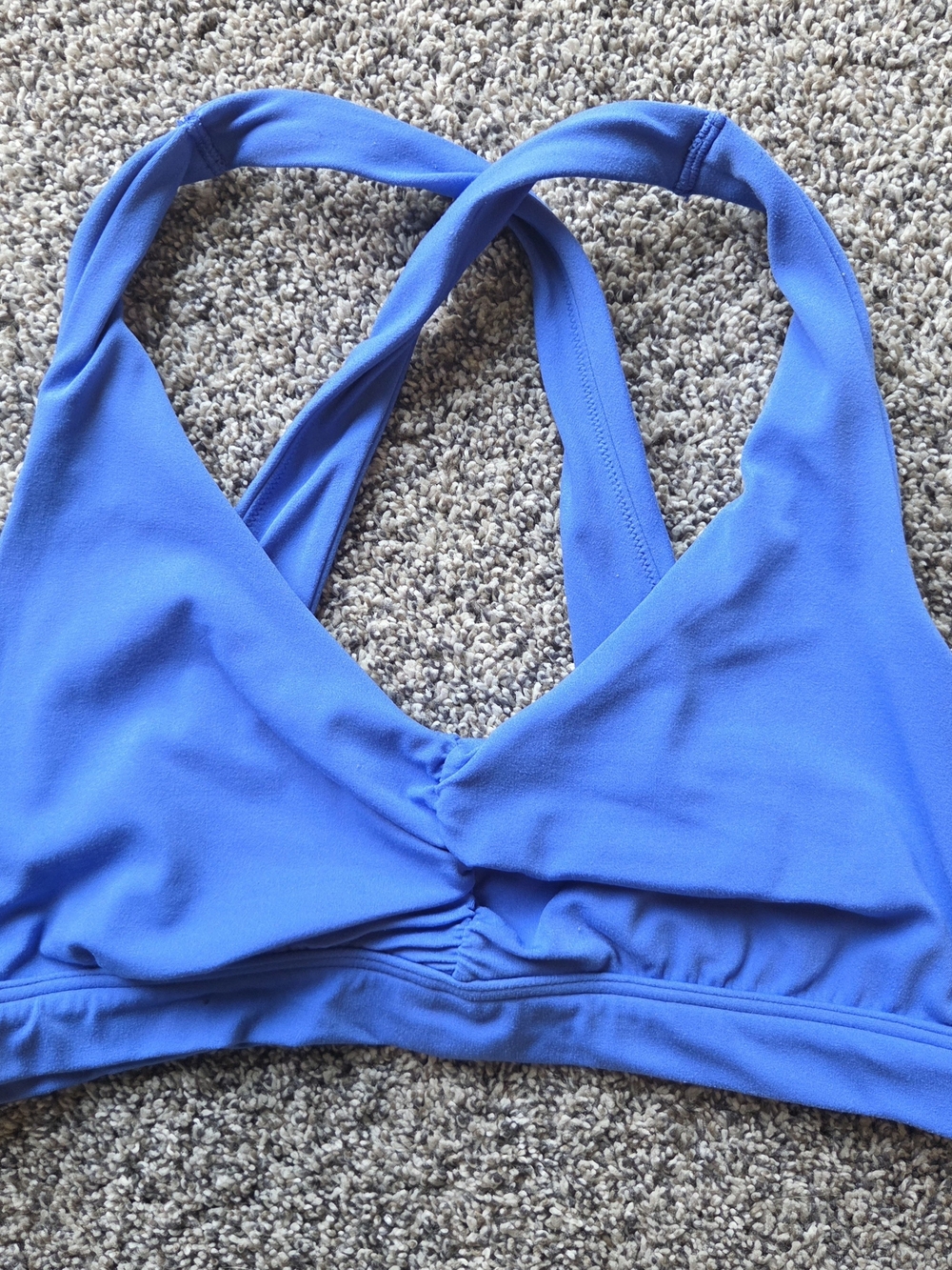 Blue Cross-Back Sports Bra with Ruched Front